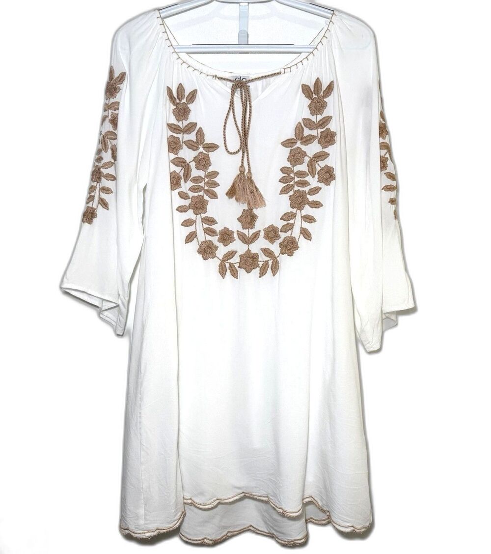 Chic Connection Embroidered Boho Peasant Dress Small Ivory Taupe Tassel Lined